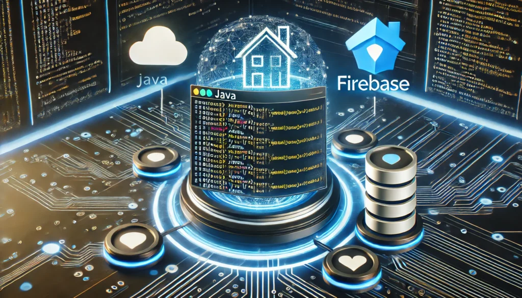 web scraper extracting rental property data from Rent.com using Java and Firebase. A futuristic screen displays