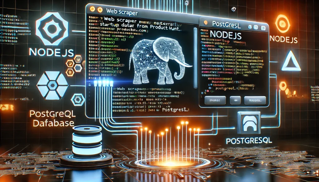 web scraper extracting startup and product data from ProductHunt.com using NodeJS and PostgreSQL. A futuristic s