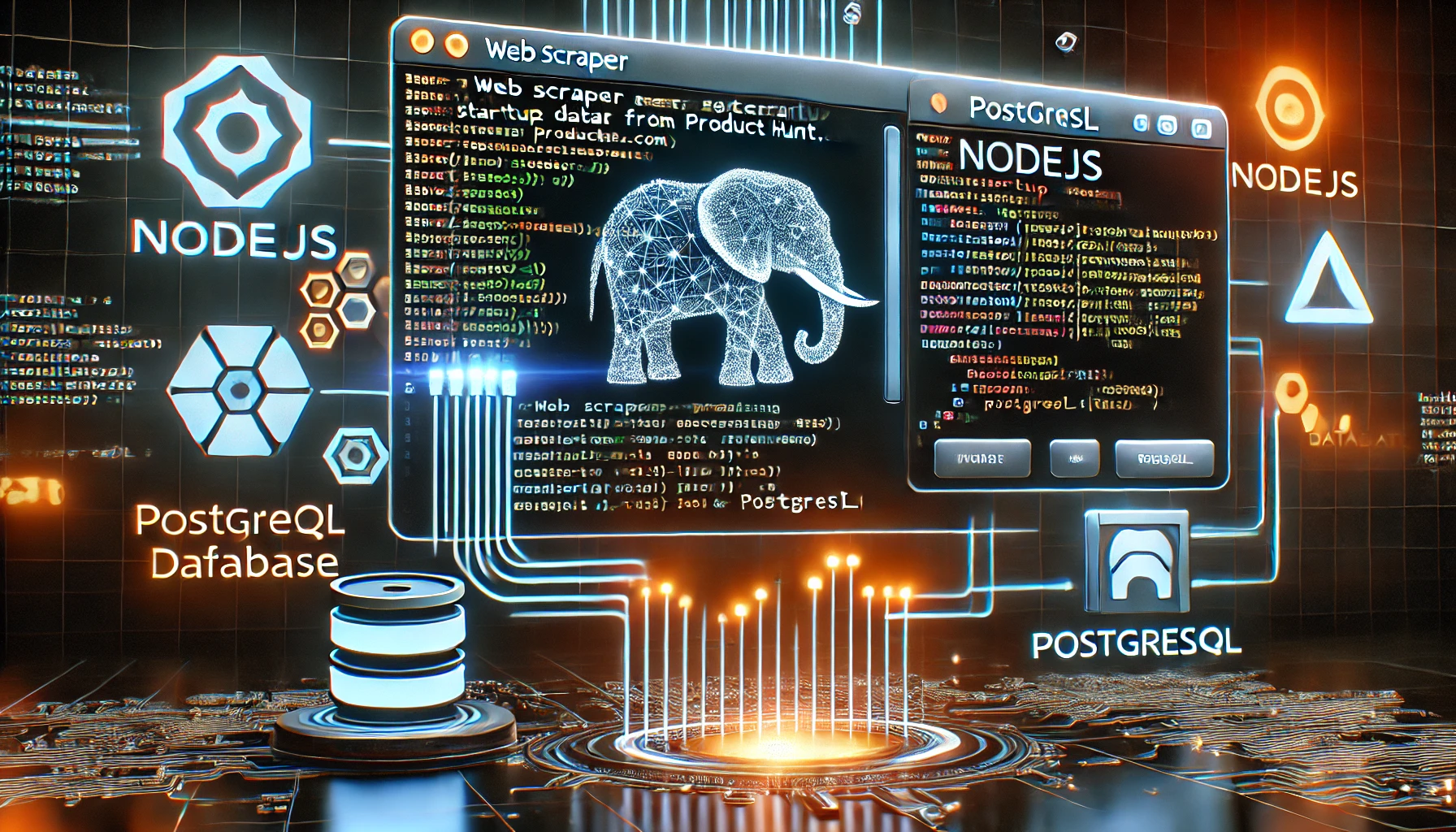 Antigone Aili 6 web scraper extracting startup and product data from ProductHunt.com using NodeJS and PostgreSQL. A futuristic s