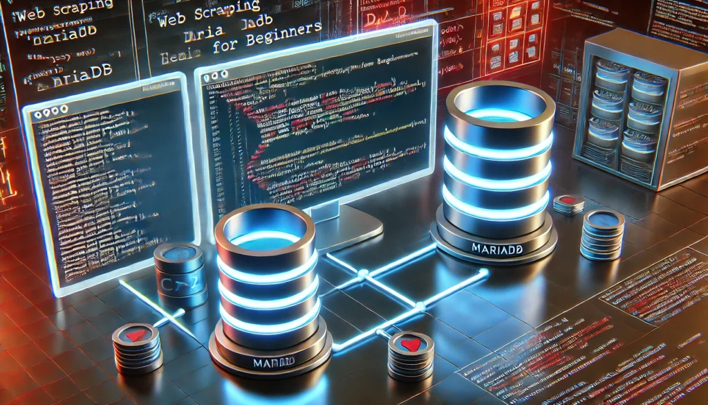 web scraping with C++ and MariaDB for beginners. A futuristic display showcases C++ code extracting data