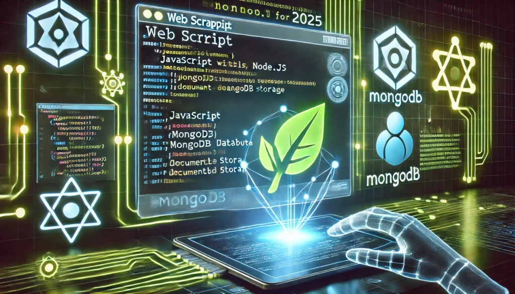 web scraping with JavaScript and Node.js using MongoDB for 2025. A futuristic display showcases JavaScri