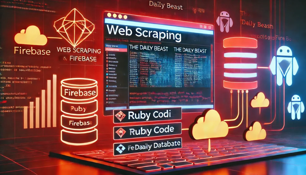 web scraping with Ruby and Firebase. A screen displays Ruby code scraping articles from 'The Daily Beast' websi