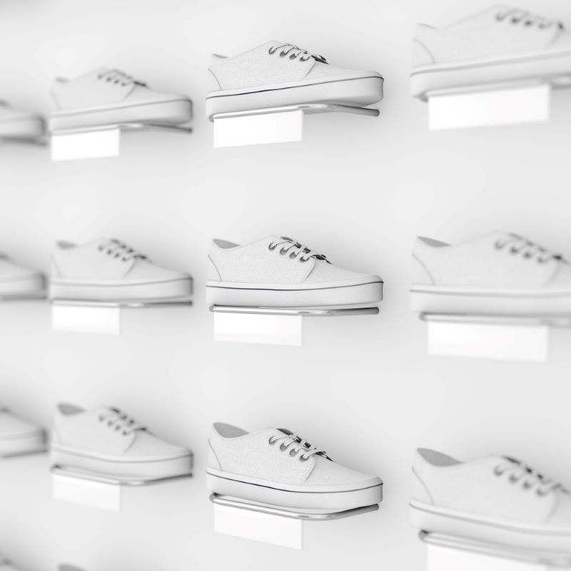 many white sneakers footwear exhibition shelf sale fashion shop clay style extreme closeup 3d rendering