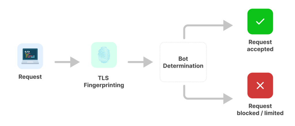 A simple diagram showing that, after TLS fingerprinting and bot determination, requests are either accepted or blocked/limited